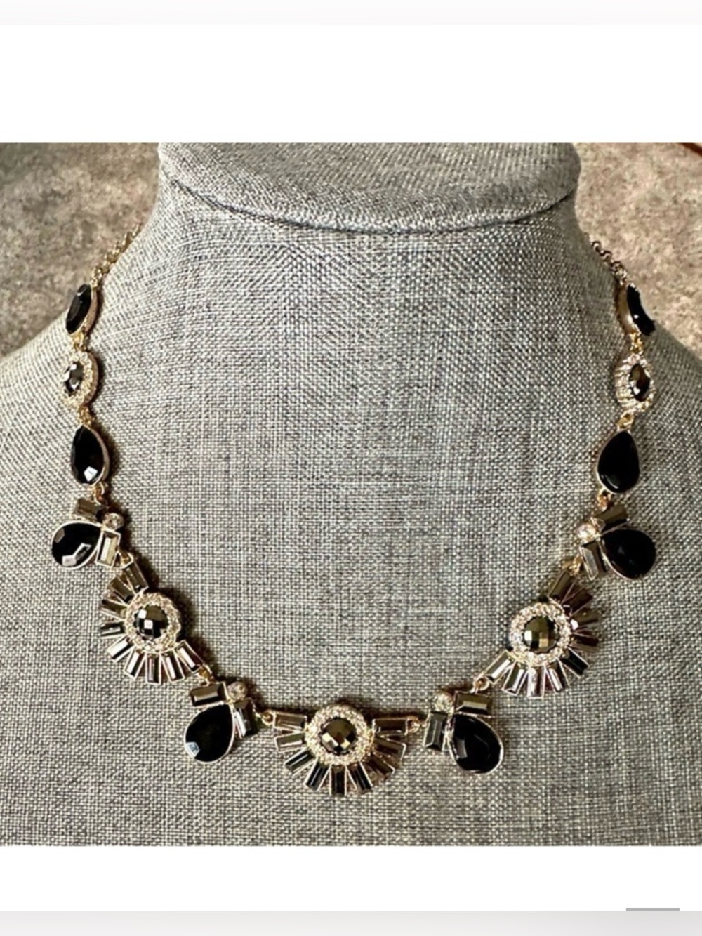 Vintage Crystal Rhinestone Moon Formal Statement Necklace Black Gold Tone Chunky